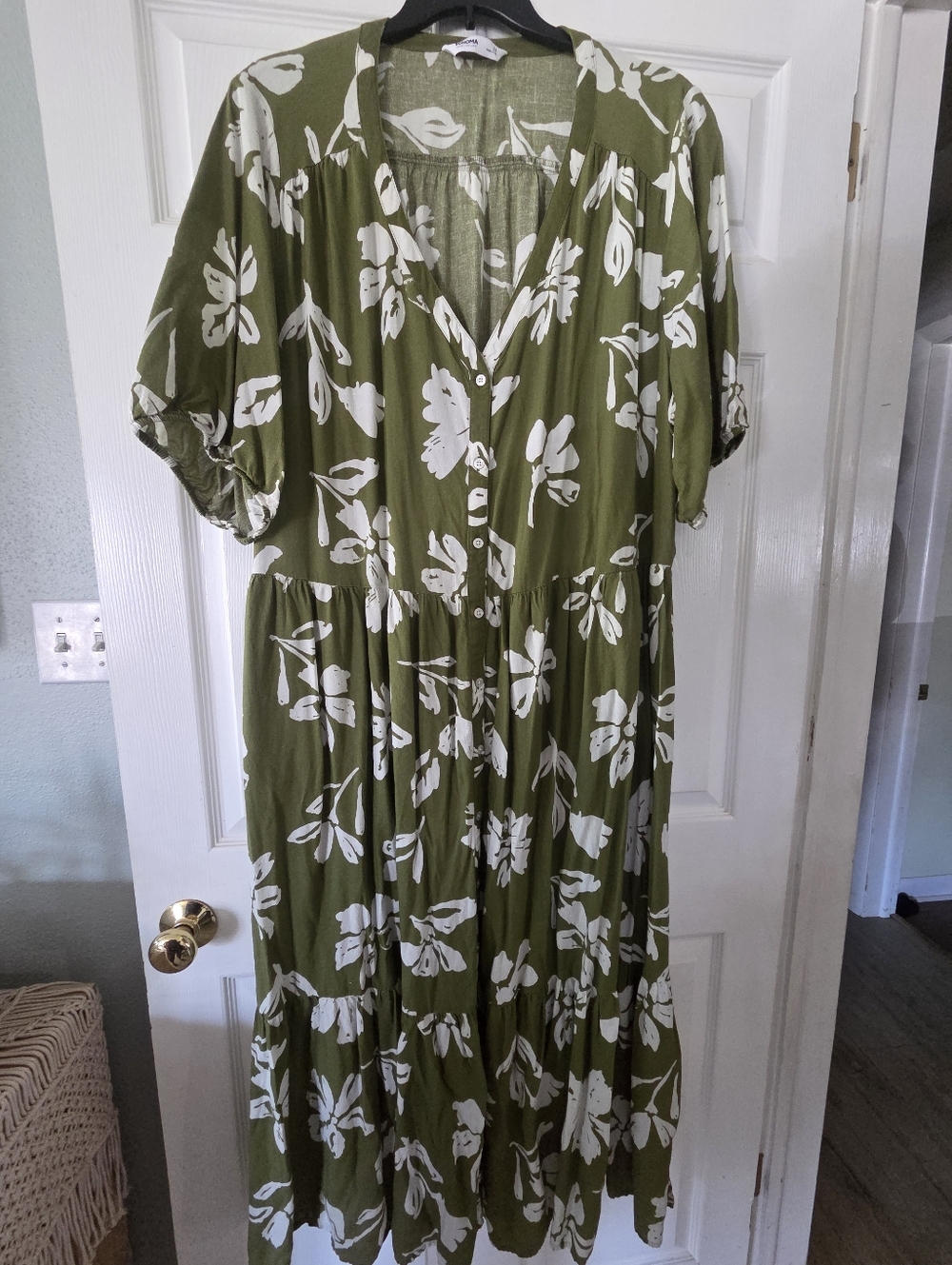 Olive Green Floral Button-Front Midi Dress 3X/4X